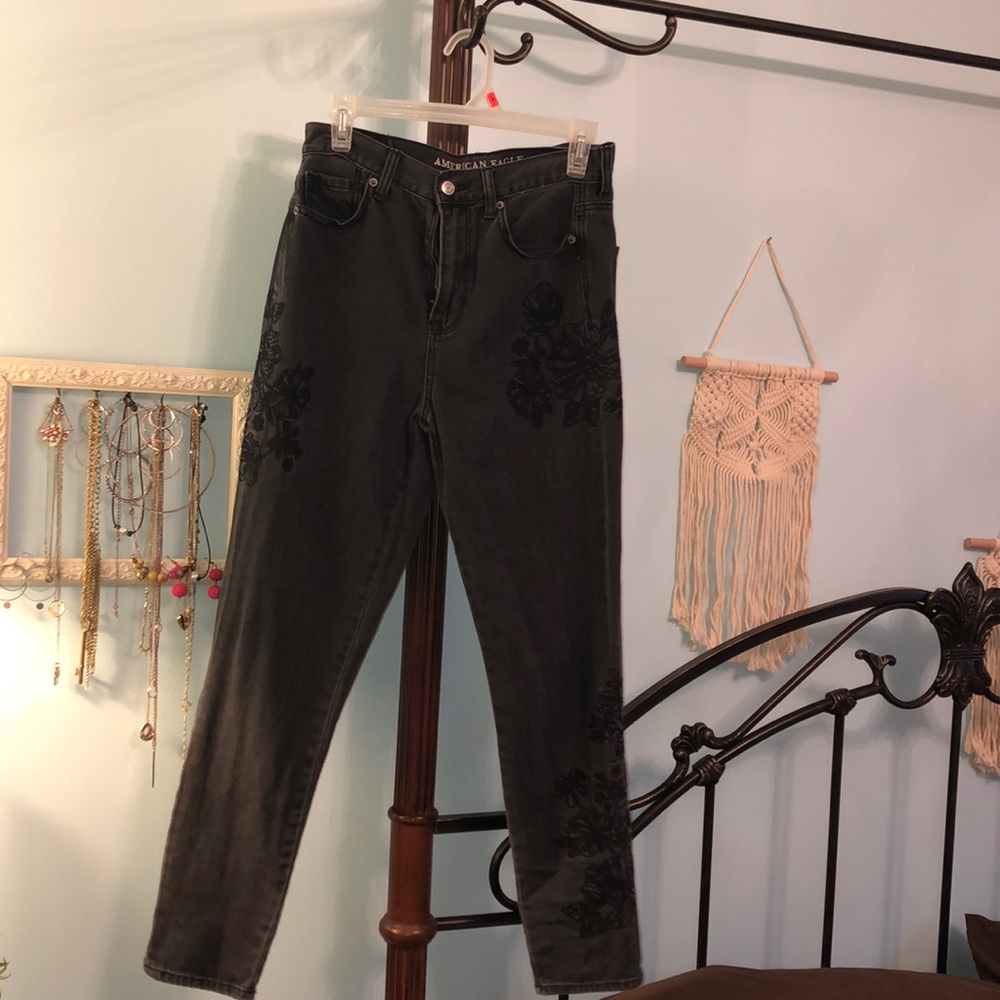 black floral embroidered mom jeans